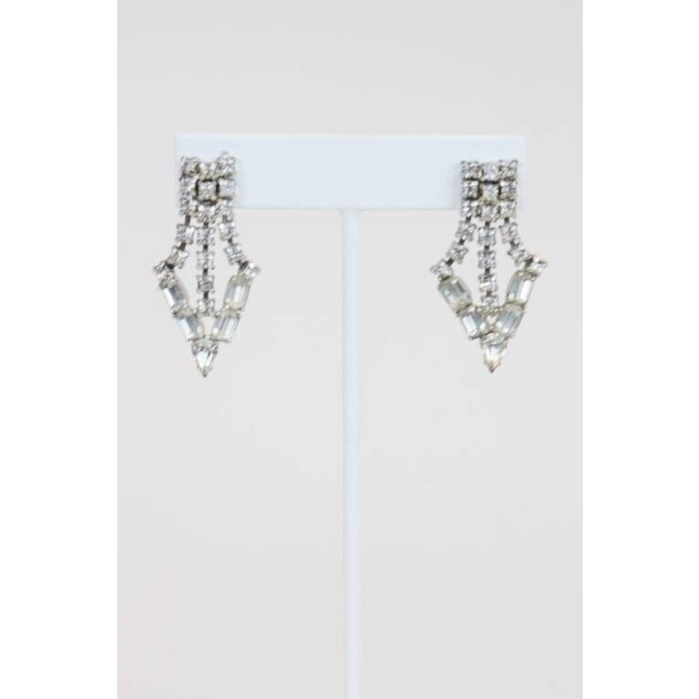Vintage 1950s 50s Pointed Drop Rhinestone Earrings Glam Costume Jewelry